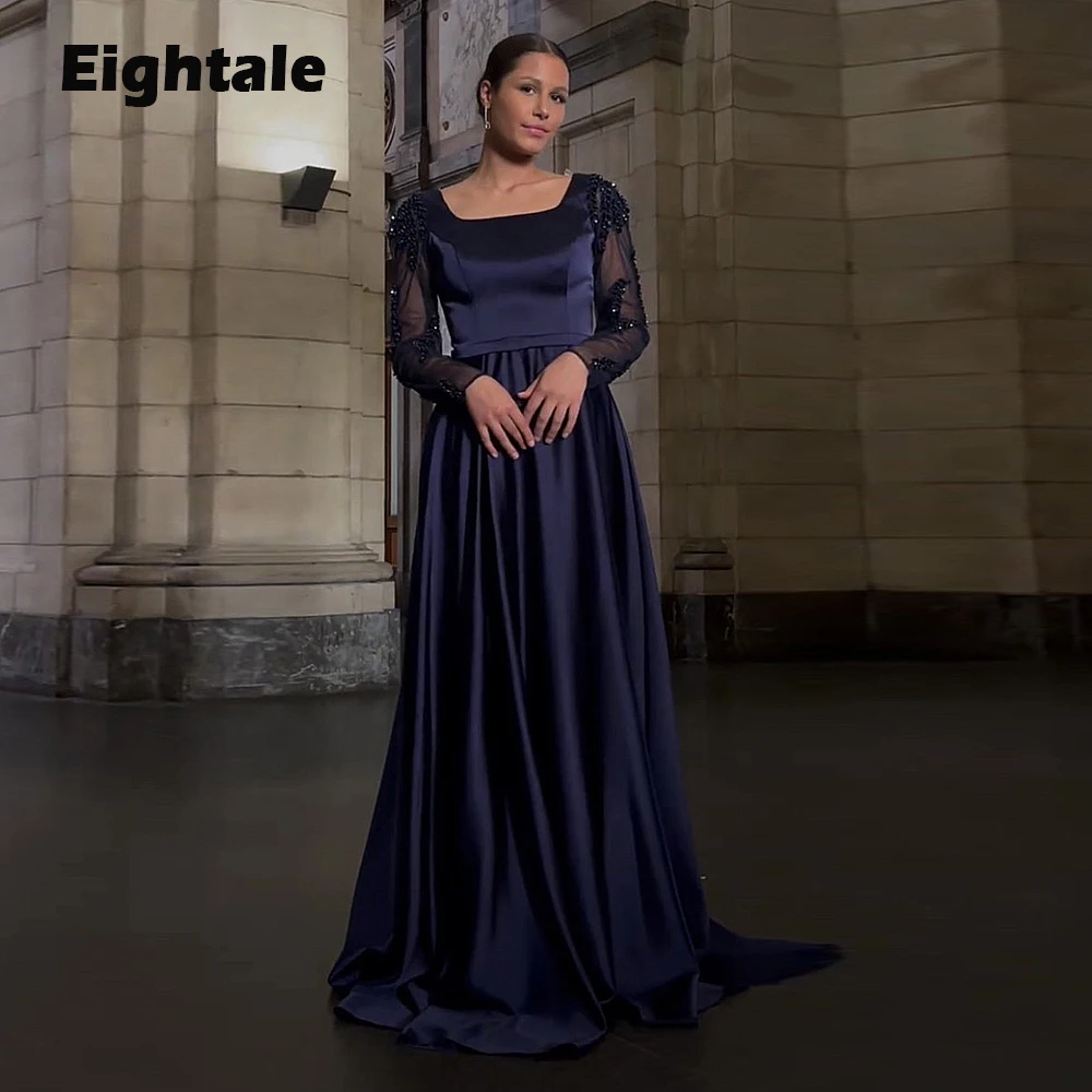 Eightale Navy Blau Abendkleider mit Langen Ärmeln Dubai Satin Perlen A-linie Formale Promi Prom Party Kleider für Hochzeit