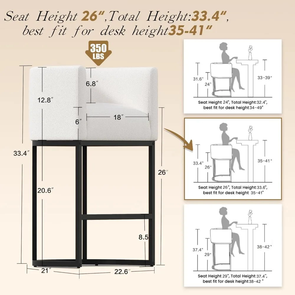Fabric-Covered Counter Height Bar Stools Set, 26 Backrest Chairs for Kitchen Island