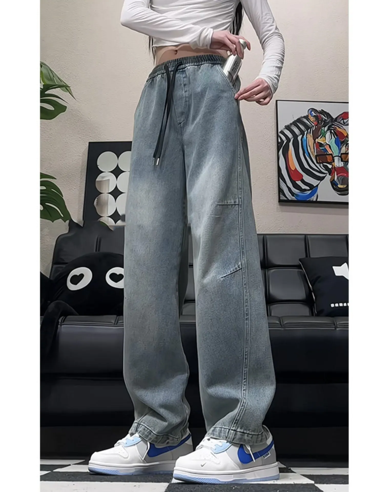

Waed Vintage Men's Denim Jeans American Retro Folded Cleanfit Loose Straight Leg Long Trousers Autumn Season Casual Wear