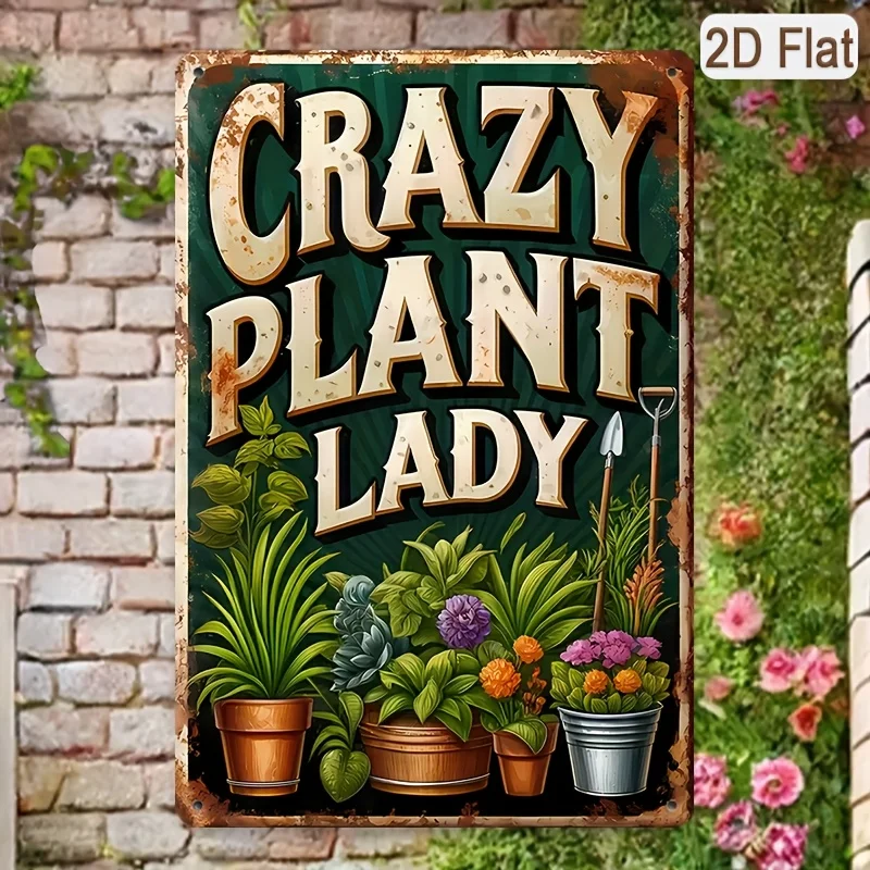 2D Flat Crazy Plant Women'S Metal Sign, 12 * 8-inch Garden and Home Decoration Plaque, with Flower and Gardening Tool Design, Ru