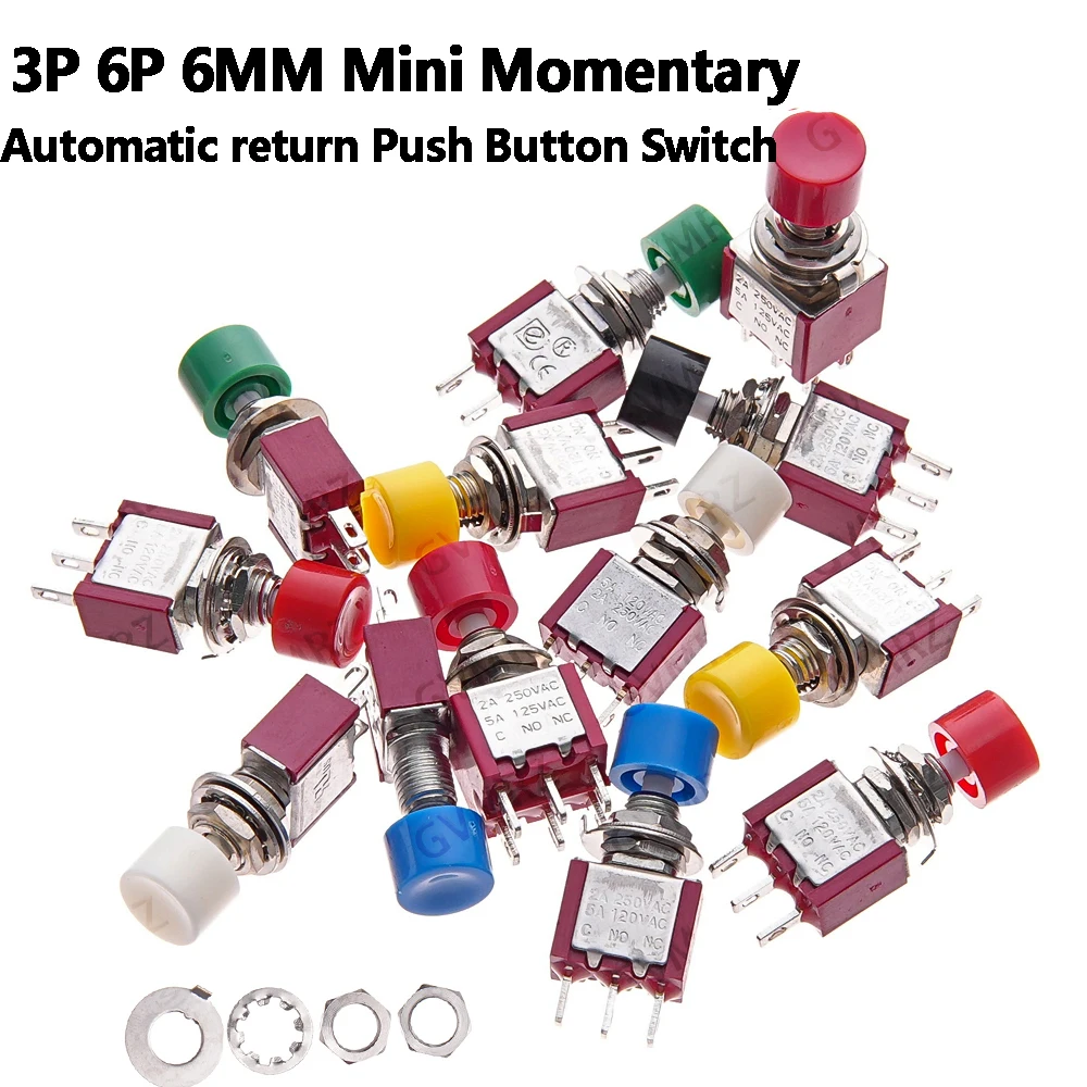 5PCS ON-(ON) 2A 2A 250VAC/5A 120VAC Button Switch 3Pin 6Pin C-NO-NC 6MM Mini Momentary Automatic return Push Button Switch