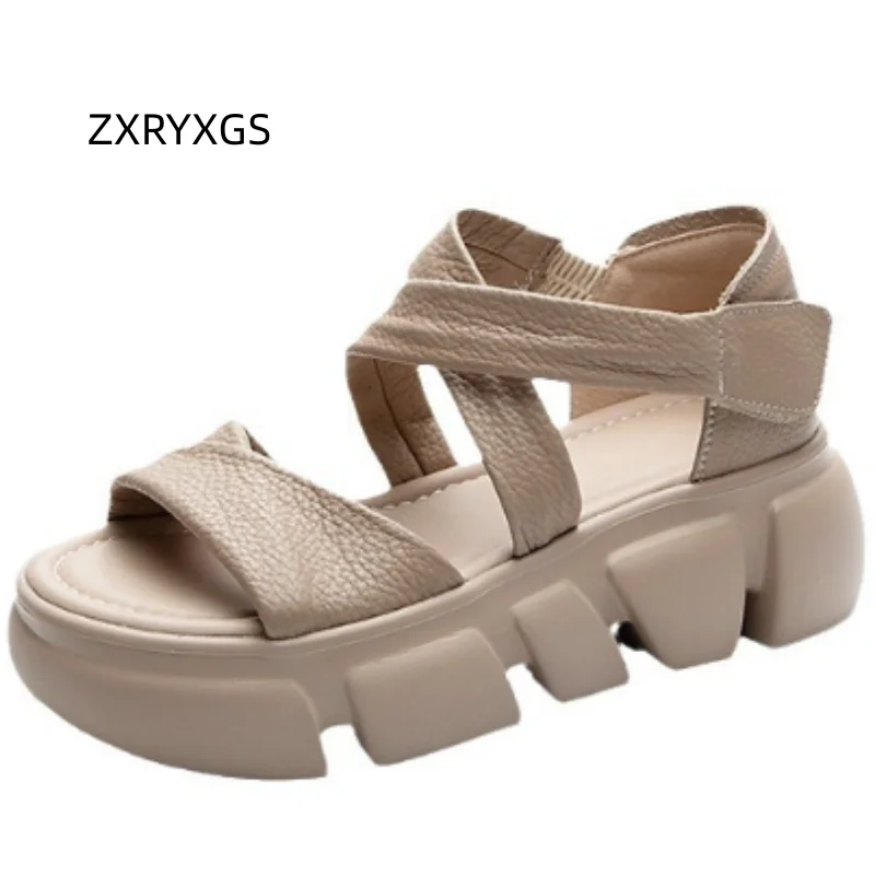 ZXRYXGS Summer Top Layer Cowhide Sandals 2026 New Elegant Fashion Sandals Comfortable Thick Soled Women's Shoes Elevated Sandals