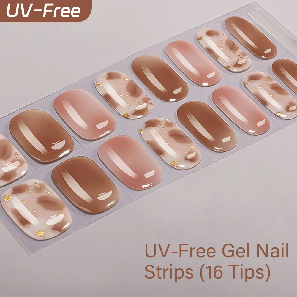 16Tips UV-Free Gel Nail Stickers Pink Flower Sparkly Star Halloween&Christmas Style Full Cover Nail Strips Manicure Decoration