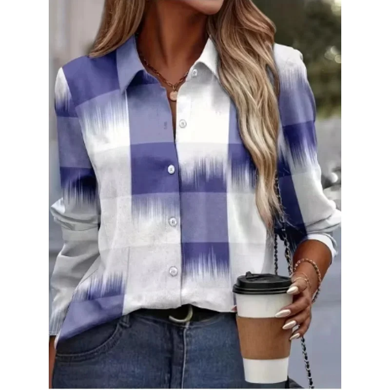 2024 Fashion Plaid Printing Lapel Long Sleeve Loose Button Shirt Autumn New Casual Tops Elegant Boutique Women\'s Commuter Tops