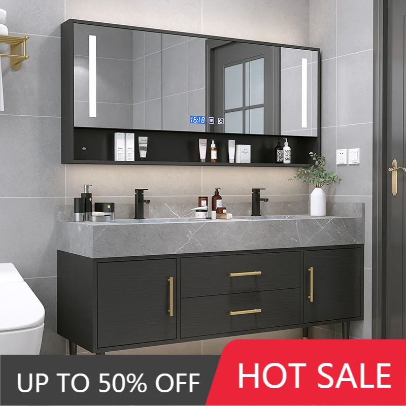 Marble Countertop  Bathroom Accessories Sets Solid Intelligent Wood Cabinet Smart Mirror Vanity Unit Basin Faucet Combination XH