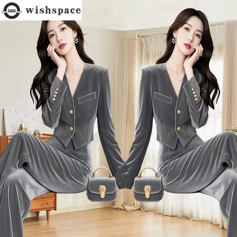 Corduroy Slim Fit V-neck Thin Jacket Casual Wide Leg Pants Two-piece Set Elegant Women's Pants Set Fashionable Full Set Clothing