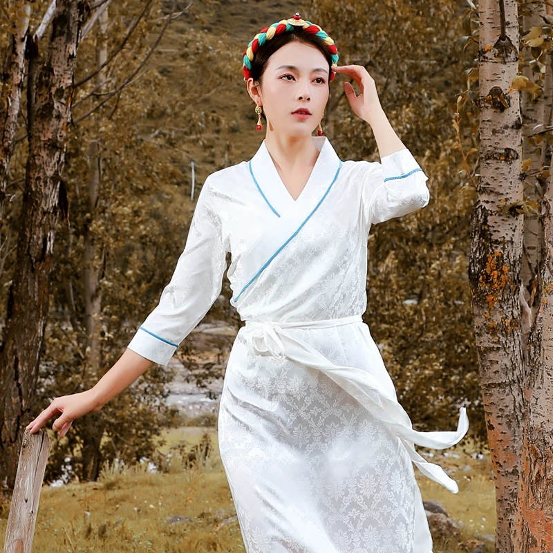 

Tibetan Long Dress Solid Color Skirt New Spring and Autumn White Lhasa Tibet Clothing Women's Style