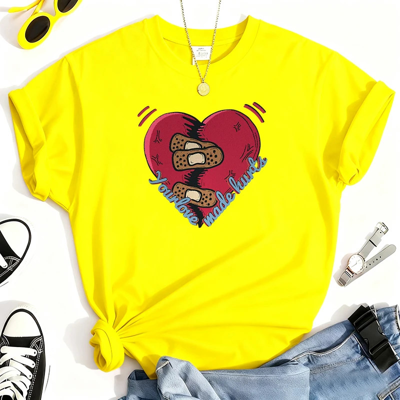 傷ついた心を癒す愛は傷をつける 100% コットン Tシャツ レディース ジョーク ユーモア サマーTシャツ オーバーサイズ カジュアル服 メンズ ストリートウェア