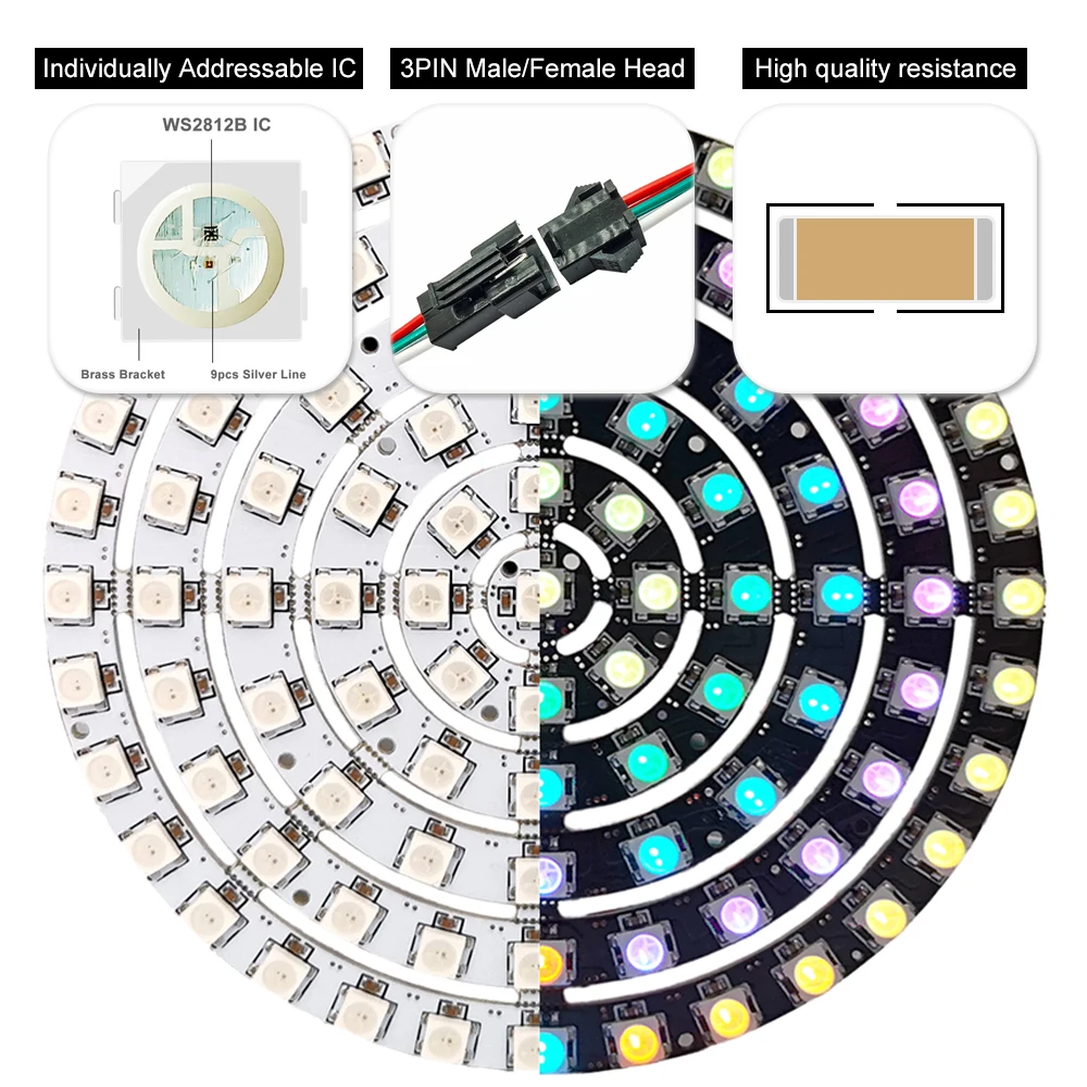 Anillo LED RGB WS2812B WS2812, módulo redondo a todo Color direccionable individualmente, 60/88/93/148/181/241 píxeles, luz circular 5050 DC5V