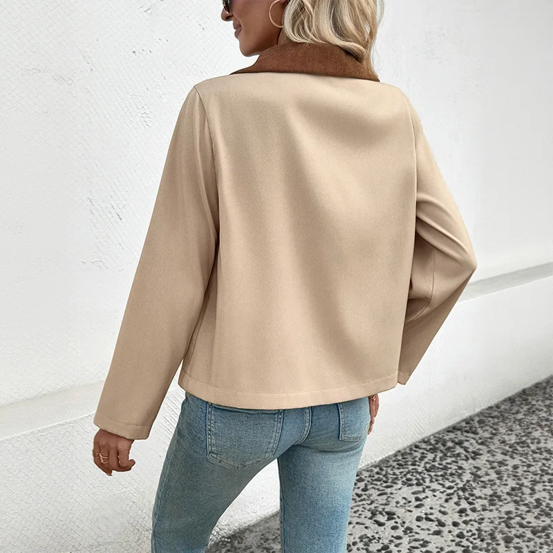 سترة نسائية جديدة لخريف وشتاء 2025 ذات طية صدر السترة أوروبية أمريكية قصيرة متباينة