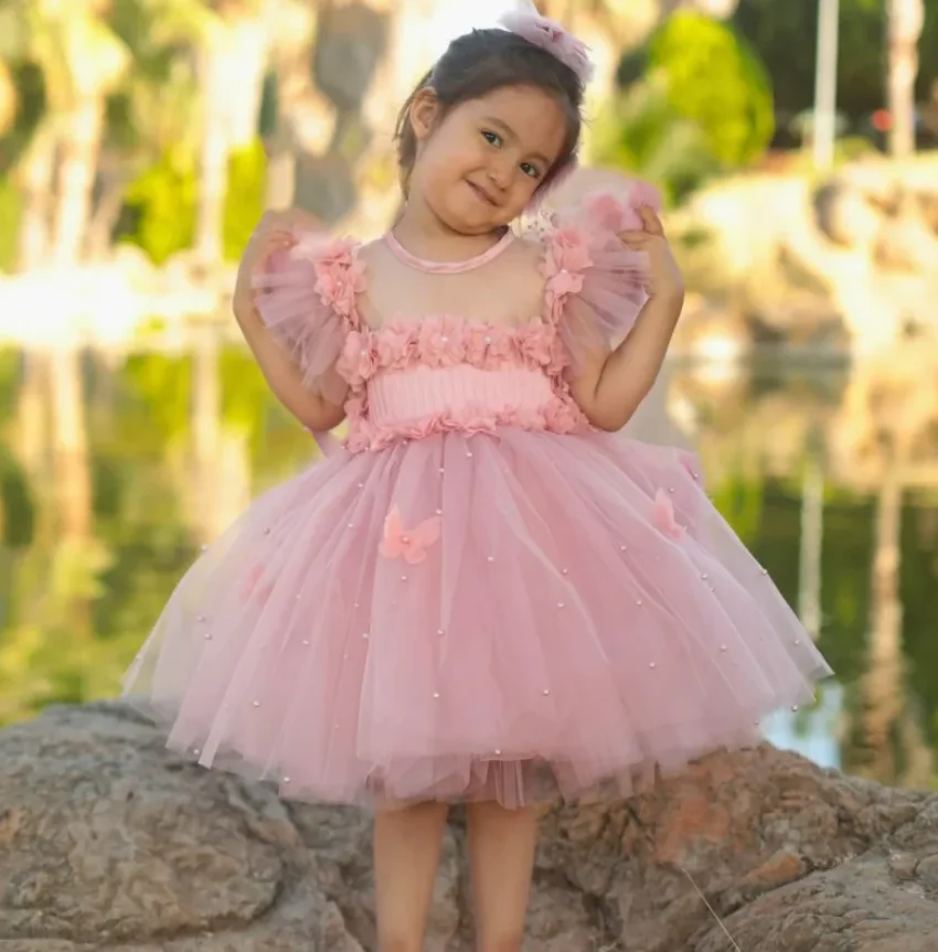 

New Pink Flower Girl Dress Tulle Appliques With Bow Short Tutu Outfit Wedding Birthday Party First Communion Gowns