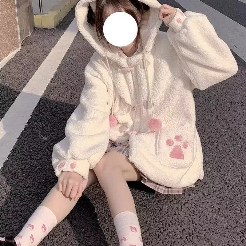 

Harajuku Kawaii овечья шерсть Лолита куртки утолщенное теплое свободное пальто женское Y2k E-Girl с длинным рукавом универсальное Abrigo Mujer зимнее новое