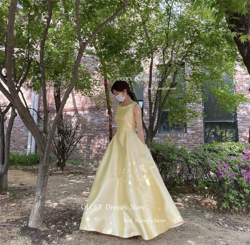 OLOEY Korea Lady Yellow Satin A Line Long Wedding Photo Shoot abiti da sera Scoop Neck Lace Up Back Prom Gowns festa formale