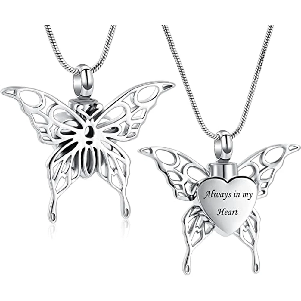 

Wholesale Cremation Urn Necklace Hollow Butterfly Pendant For Ashes Customized "Always in My Heart" Stainless Steel Jewelry