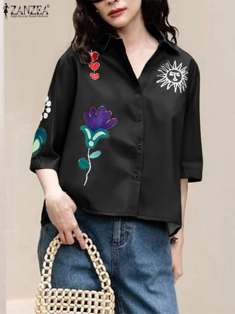 

ZANZEA Fashion Shirts 2025 Women 3/4 Sleeve Casual Print Blouse High Street Lapel Buttons Vintage Tunic Tops Oversized Blusas