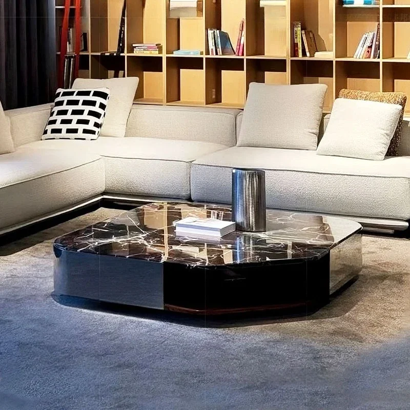 Italian marble coffee table light luxury high-end living room home modern creative storage irregular stainless steel tea table