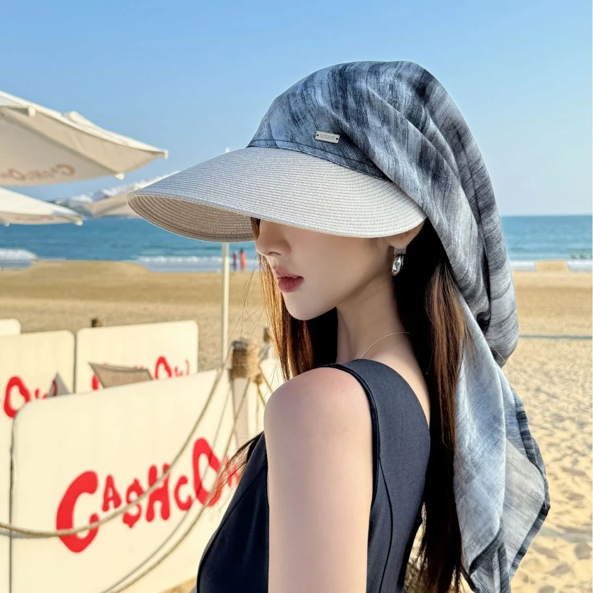 Women Large Brim Woven Sun Hat UV Protection Neck Wrap Scarf Breathable Adjustable Beach Outdoor Headwrap Summer Shade Cap