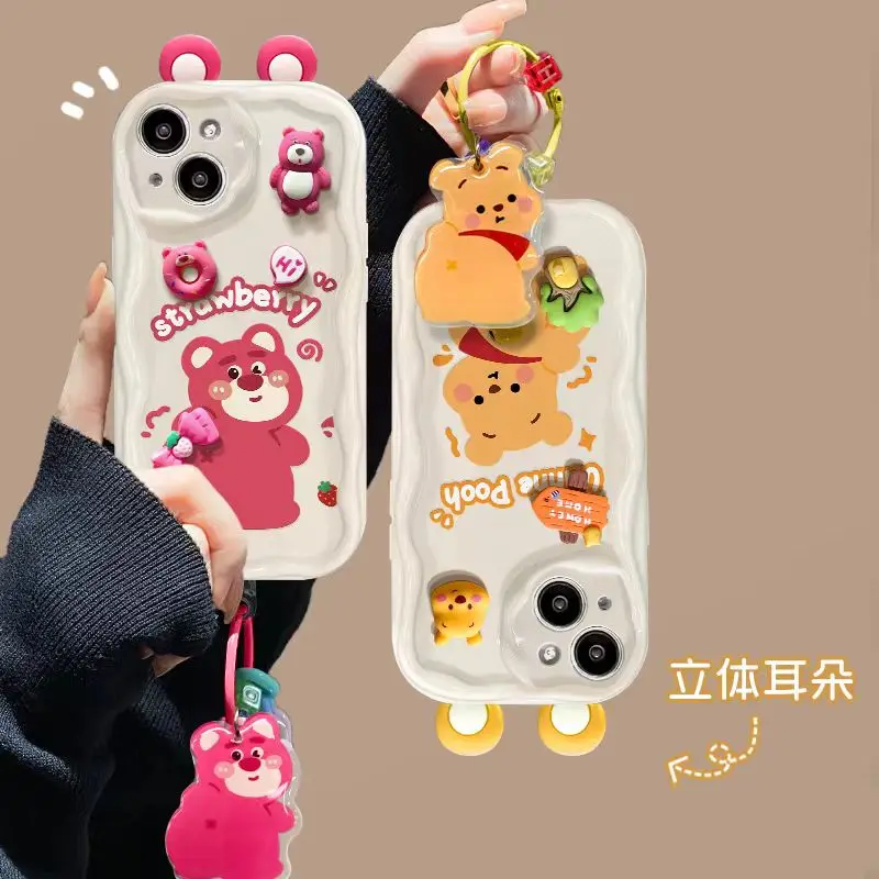 Cute Lotso Winnie Bear Cartoon Phone Case for iPhone 15 14 Pro Max 13 Mini 12 11 X XS XR 7 8 Plus Wave TPU With Pendant Cover