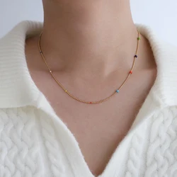 Dopamine Colorful Beaded Spliced Beads Chain Necklace for Women 18K Gold Plated Stainless Steel Stackable Choker Collar Gift