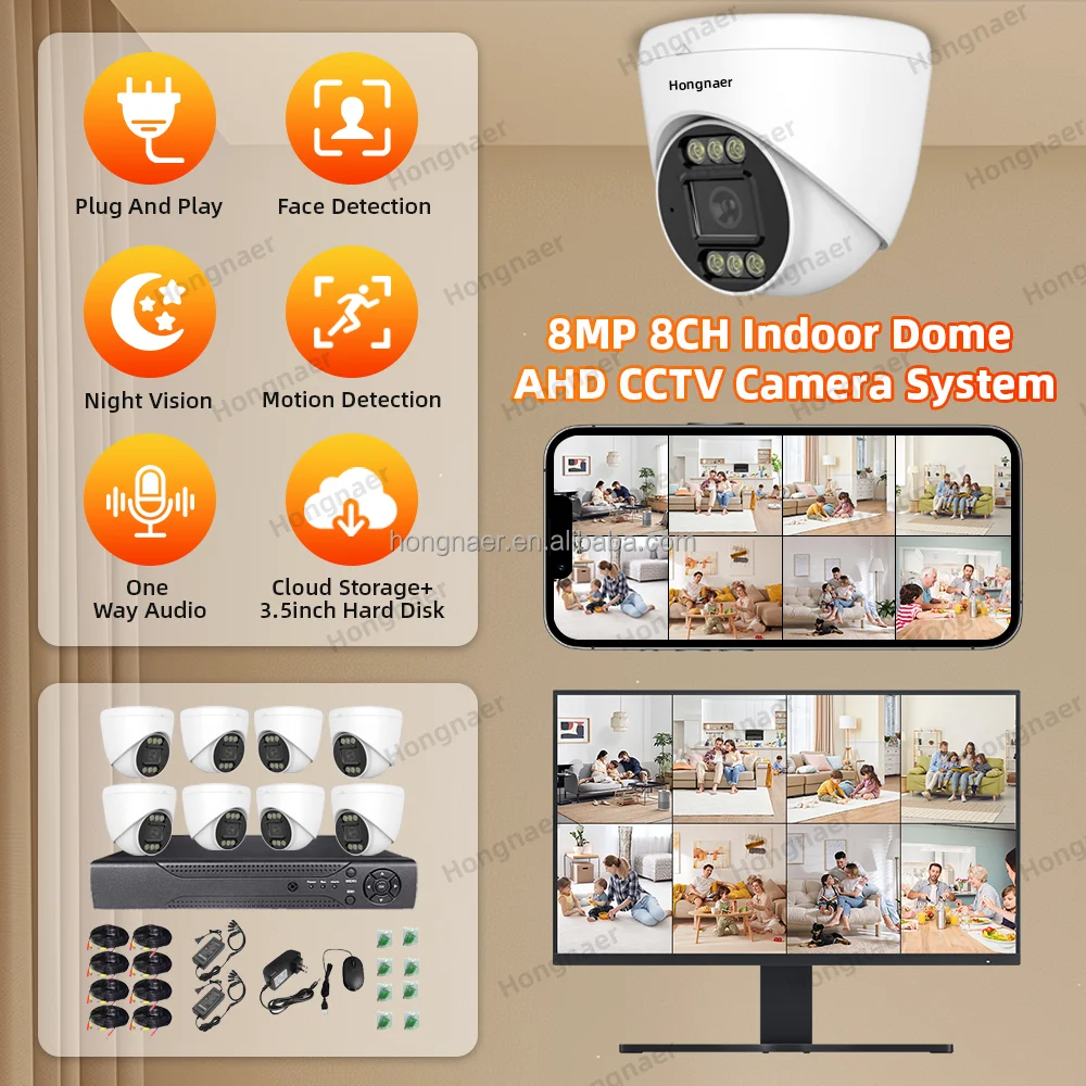 2026 Hongnaer 8MP Face Detection Home DVR 8 Channel Digital Video Recorder Security CCTV Camera Set Kit System AHD 4K Surveil Sy