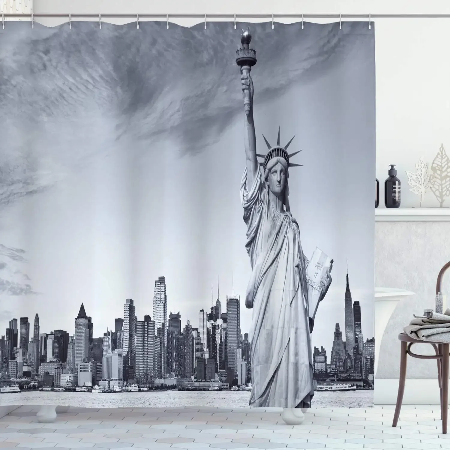 New York Shower Curtain,Liberty In NYC Harbor Urban City Famous Cultural Landmark Picture,waterproof Fabric Bathroom Curtain Set