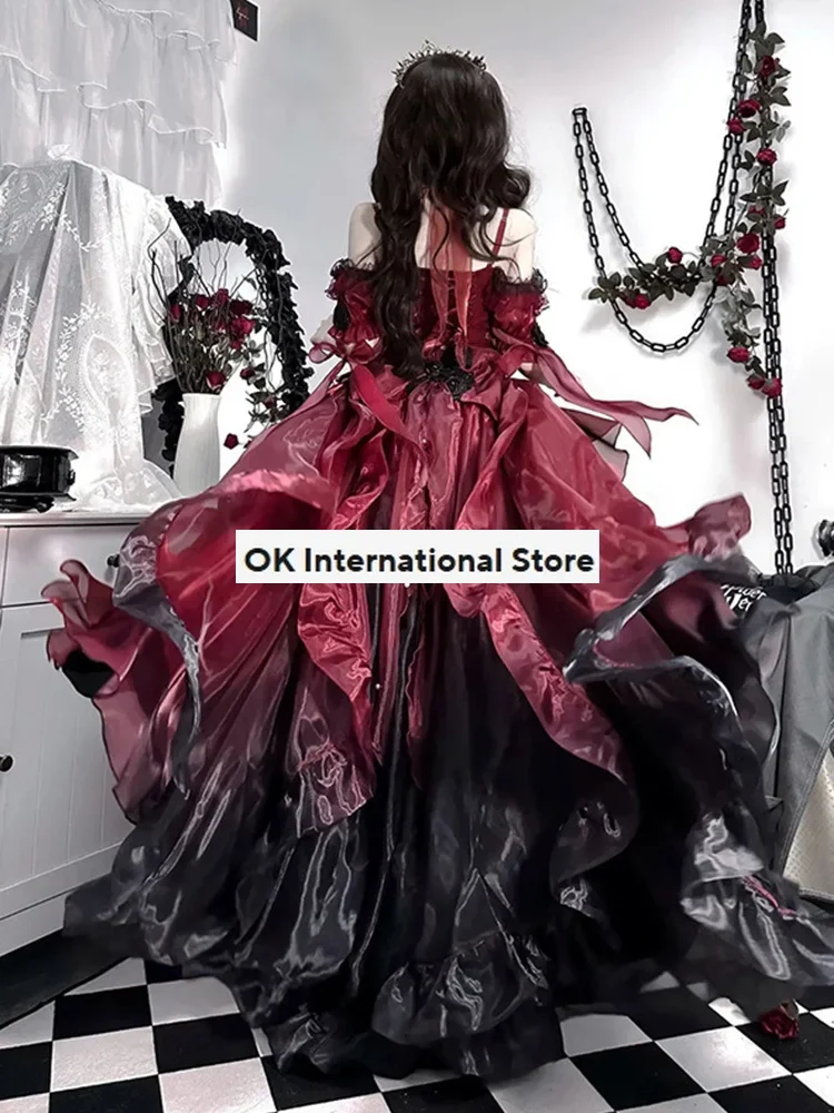 Vestido de novia de flor roja de novia oscura, vestido de Lolita, vestidos Op, vestido de princesa hinchado de industria pesada, disfraz de Cosplay