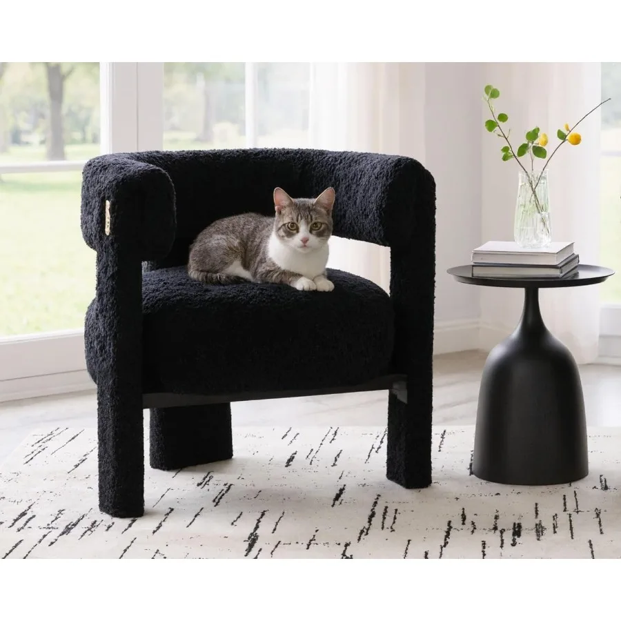 Black Boucle Barrel Accent Chair Comfy Upholstered Living Room Chair MidCentury Modern Reading Chair with Open Back Round Corne