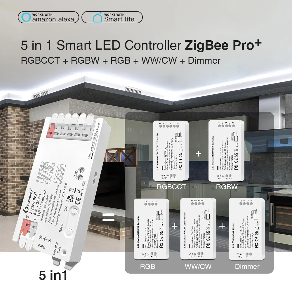 2.4G CCT DM RGBWC LED Controller RF ZIGBEE3.0 with SmartThings Alexa APP Voice for 2-3 Wires Ultra Thin CCT Strip Light