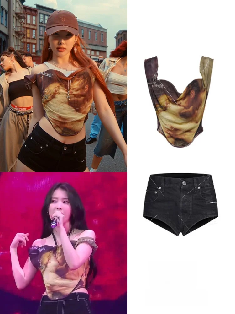 

CICIZHUANG Stage Costume Oil Painting Print Halter Vest Spicy Girl One Shoulder Top for Concert Performance Women's Fashion