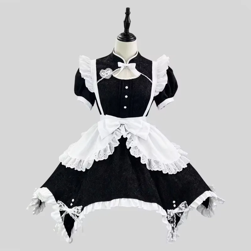 

Original Black and White Jacquard Chinese Lolita Dress Summer New Irregular Maid Outfit Oversized Chinese Kawaii Girl Cheongsam