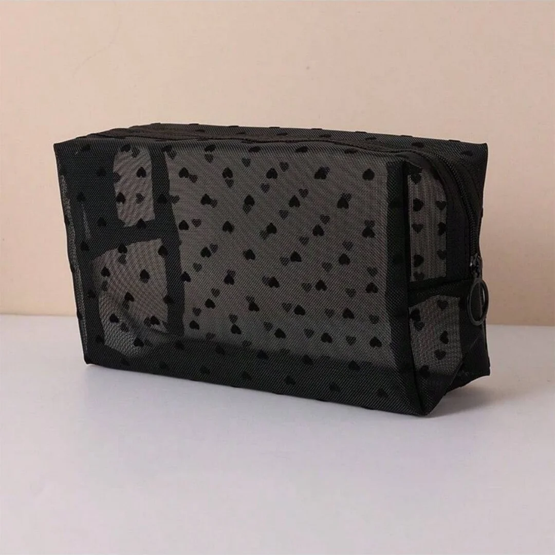 Zestaw 3 kosmetyczek z siatki, pluszowa torba do przechowywania w kształcie serca, przenośna torba podróżna do pielęgnacji, kompaktowy organizer na kosmetyki na podróż służbową.