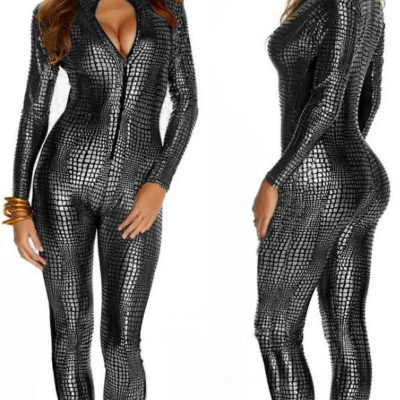 Spandex Bodysuit Full Motorcycle Suit Sexy Snakeskin Jumpsuit Faux Leather Catsuit Motocross Clothing Costumes Erotic Sexi