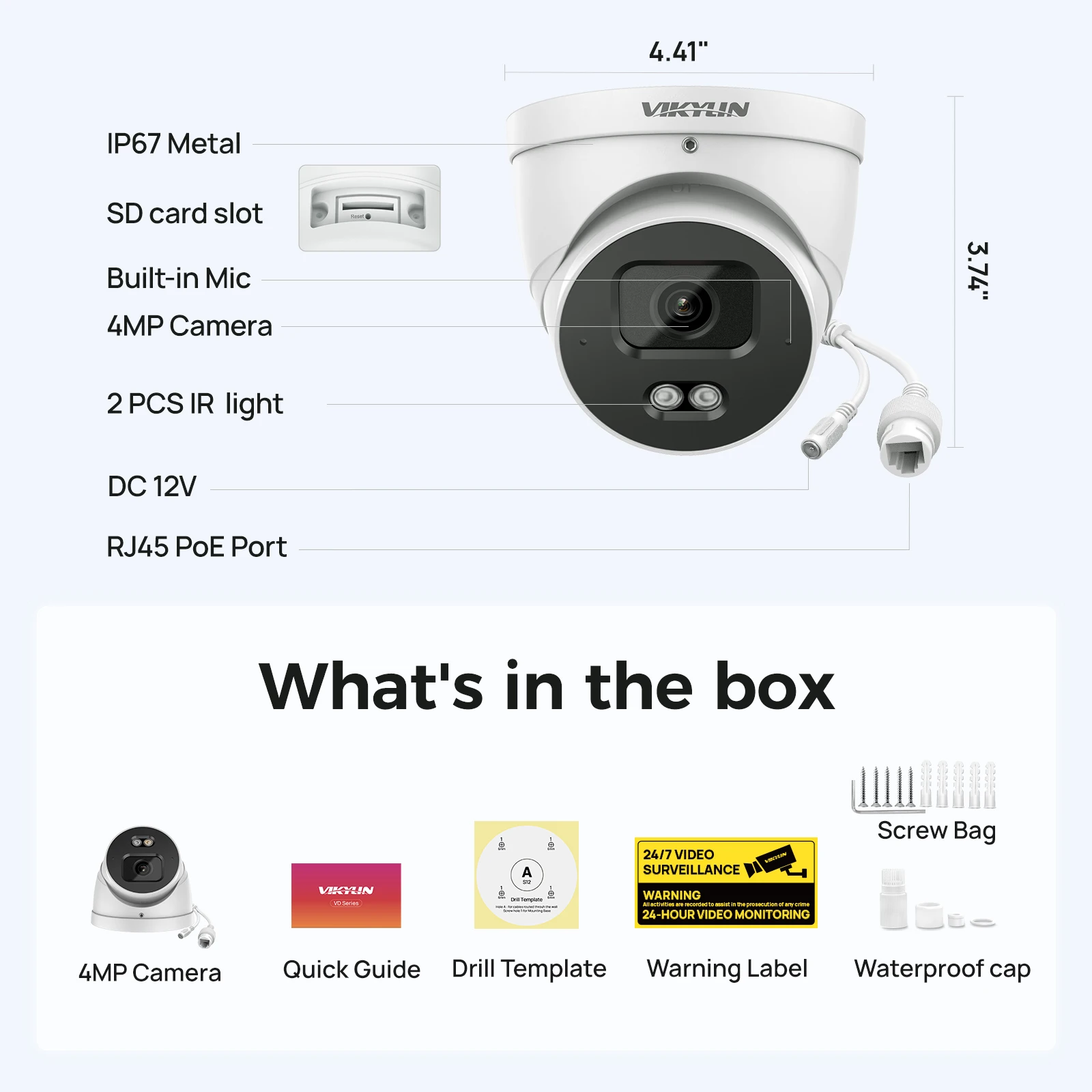 VIKYLIN 4MP IP Security Camera 30M IR Light Built-in Mic SMD2.0 Outdoor Support Onvif IP67 Perimeter Protection Metal Housing - view 6