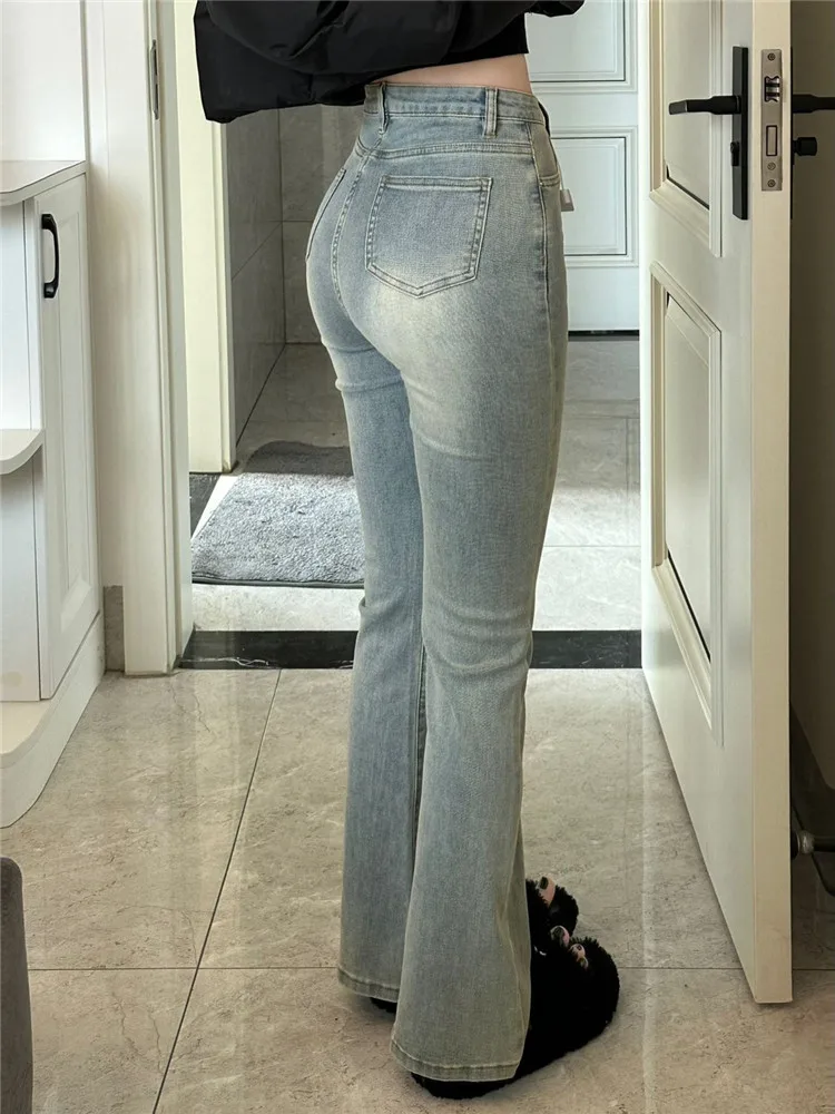 Retro American Stretchy Micro Flare Denim Jeans Women's Autumn Winter High Waist Extended Length Vibe Style Floor Length Pants