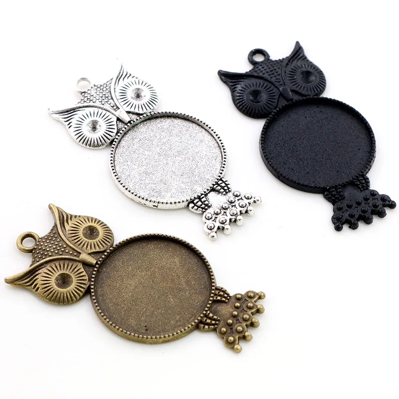 Nova moda 5 pçs 25mm tamanho interno antigo prata chapeado preto bronze coruja cabochão base de ajuste encantos pingente