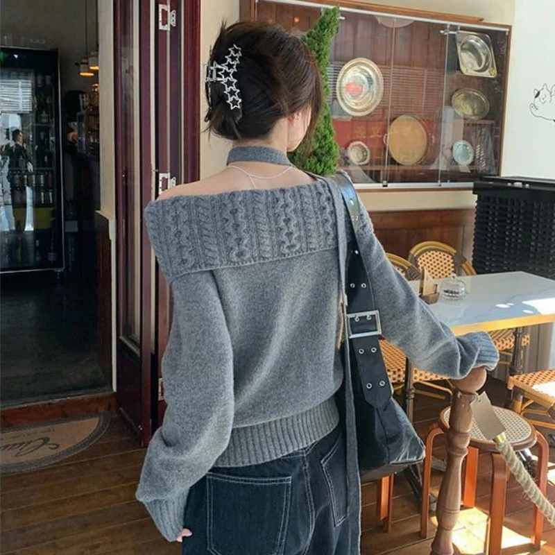 الكورية بلون مثير مائل الرقبة المرأة عادية محبوك سترة ربيع الخريف موضة سليم صالح تنوعا البلوز القمم جديد #2