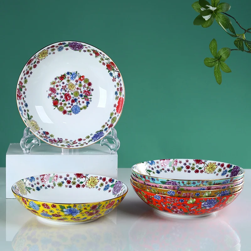 Golden Stroke Painted Ceramic Plate Chinese Classical Deep Dishes Million Flowers Decorative Dinner Plates Fruit Salad Dishes