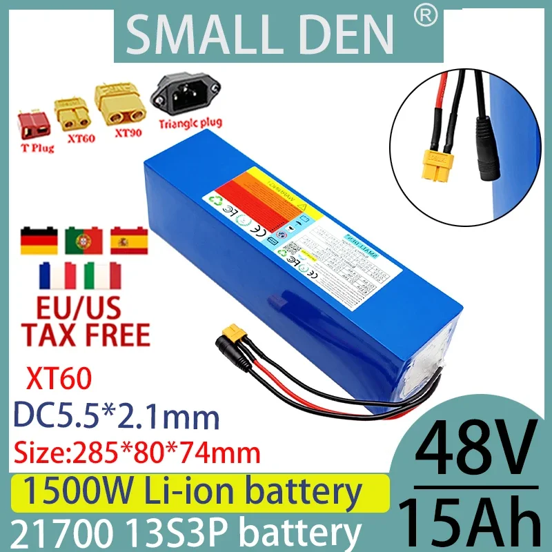 New 21700 48V 15ah lithium battery pack rechargeable 13S3P 1500W motor high-power battery pack with built-in 30A BMS+2A charger