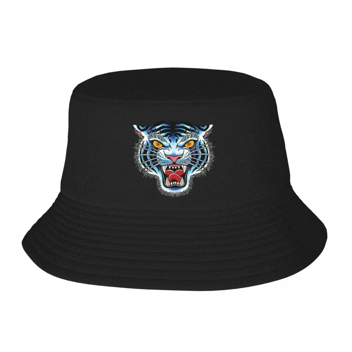 Custom Gothic Traditional Tattoo Tiger Head Bucket Hat Men Women Beach Sun Summer Fishing Cap