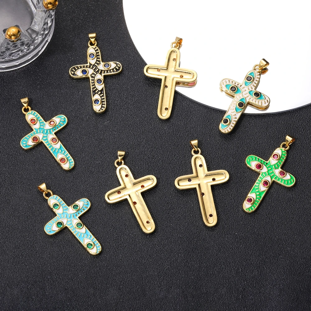 Juya 18K Real Gold Plated Colorful Enamel Evil Eye Handmade Cubic Zirconia Religious Catholic Christian Cross Charms Supplies