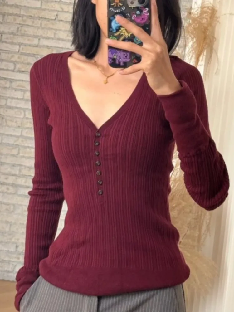 

Женские футболки с длинными рукавами, весенние повседневные хлопковые тонкие футболки с v-образным вырезом и пуговицами, винтажные футболки в американском консервативном стиле