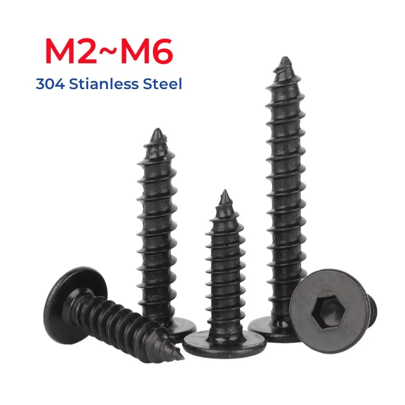 M2 M2.3 M2.6 M3 M3.5 M4 M5 M6 Black 304 Stianless Steel Super Ultra Thin Hex Socket Flat Head Screw Self-Tapping Wood Screws