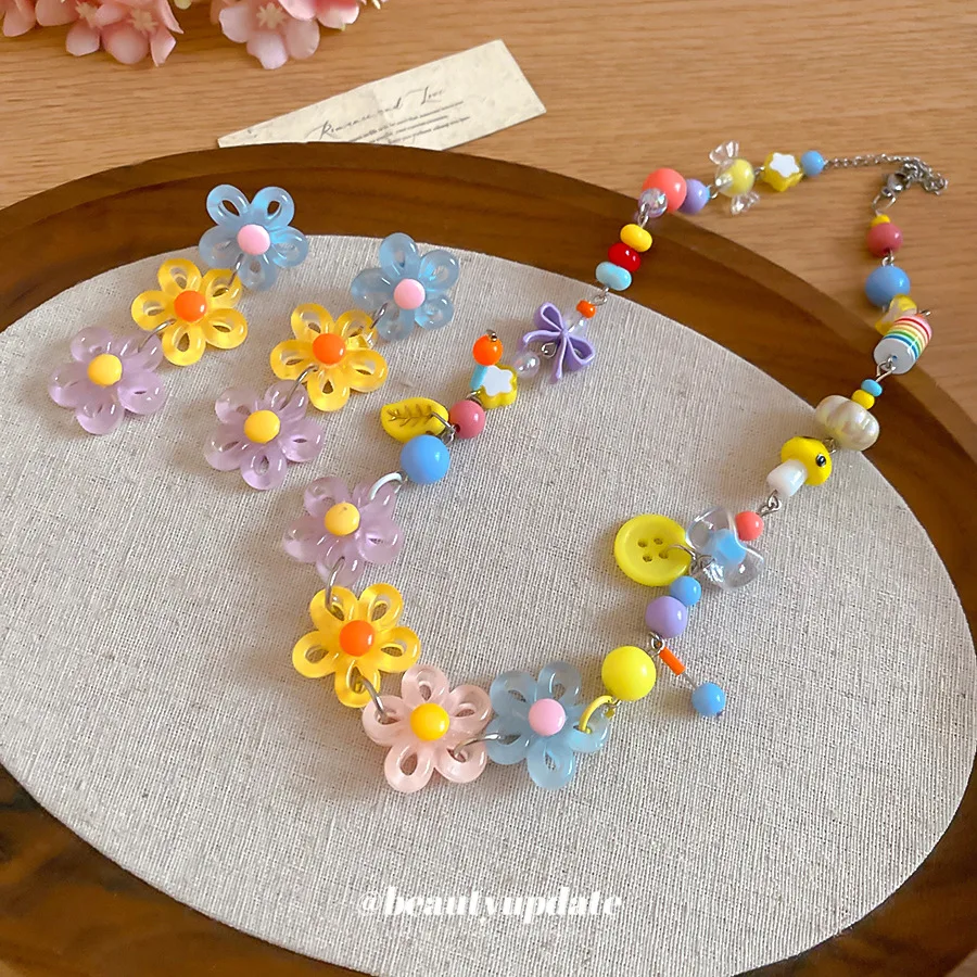 Summer Colorful Candy Beaded Neckwear Translucent Flower Pastel Multicolored Layering Choker Pendant Matching Ear Drops