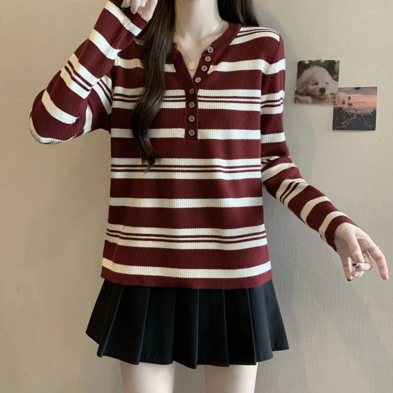 Women's Clothing Striped Loose T-shirt Casual V-Neck Button Autumn Winter Contrasting Colors Knitted Basic Long Sleeve Pullovers