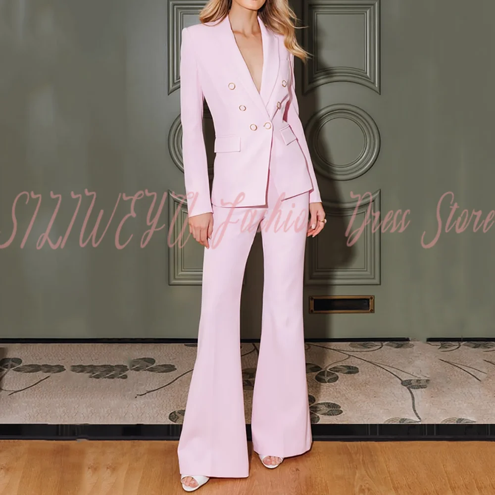 Elegant Light Pink Women's Suit Double Breasted 2 Pieces Jacket Pants High Quality Office Commute Lady Chic Office Outfit