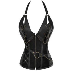 Steampunk Corset Tops Women 14 Steel Boned Leather Corsets with Belt Halter Shapewear Overbust Gothic