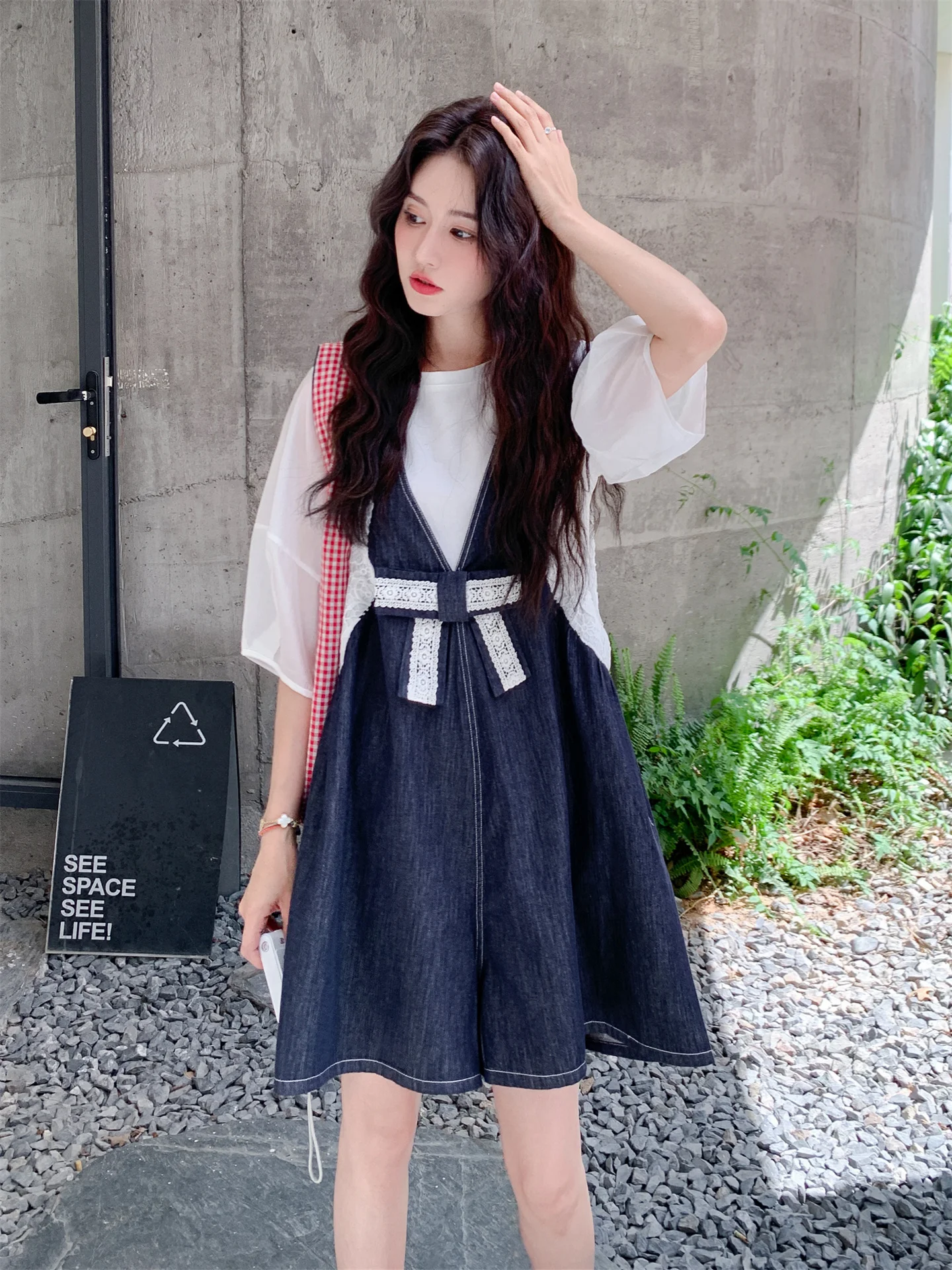 Summer  Knot Denim Overalls Women's Faion Set Two-Piece Suit Not Matched with Others Anti-Aging Trendy Ensemble