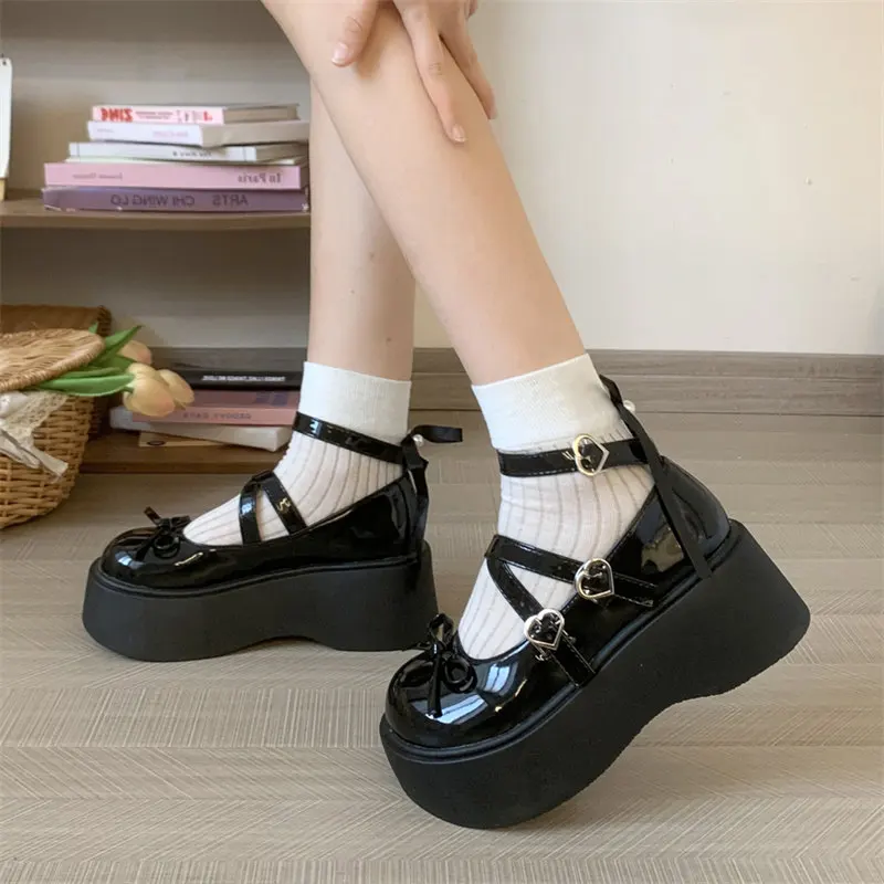Women's Chunky Round Toe Pumps Sweet bow Lolita Shoes new Girls Kawaii heart-shaped buckle Mary Jane shoes JK Uniform Shoes image 4