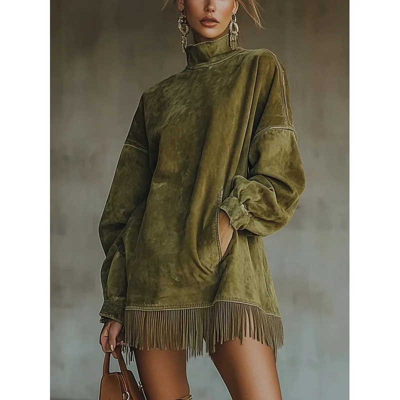 

Zagros Euro-American Independent Station New High-neck Suede Velvet Retro Loose Pocket Tassel Long-sleeved Dress