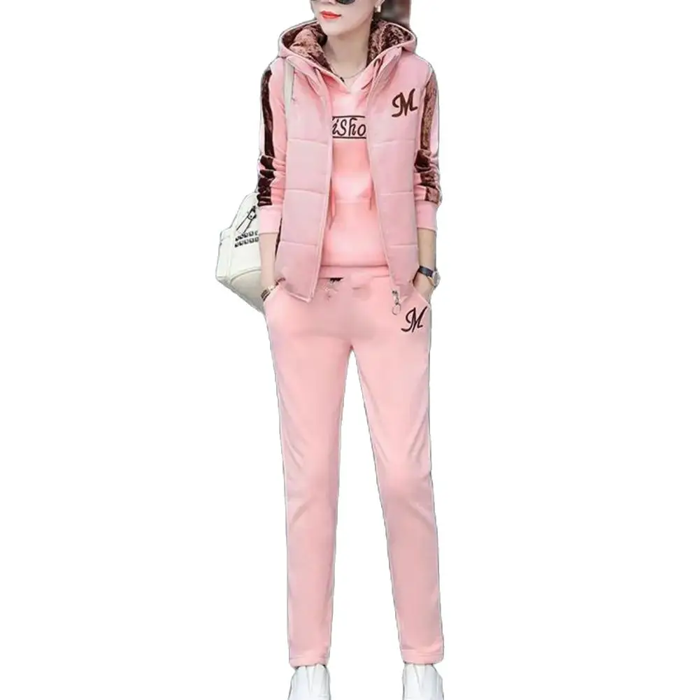 3Pcs/Set Trendy Women Tracksuit Multi Pockets Patchwork Color Letter Print Hoodie Jogging Pants Zipper Vest Suit